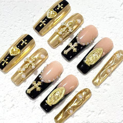 Luxurious Handmade Nail Art: Gold, Black and Nude Fusion with Religious Embellishments D059