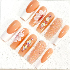 Chic Handmade French - Style Nail Art with Floral and Crystal Embellishments D074