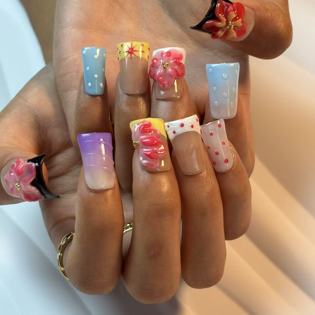 Rainbow Floral Handmade Nails L269