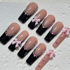 Elegant Handmade Black - Nude Pink Nail Art with Bow and Crystal Embellishments D061