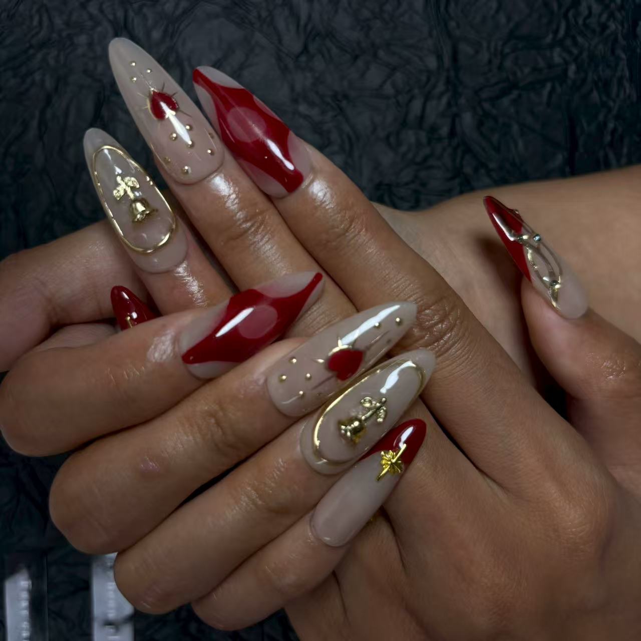 Elegant Ruby & Gold Almond - shape Nails D030