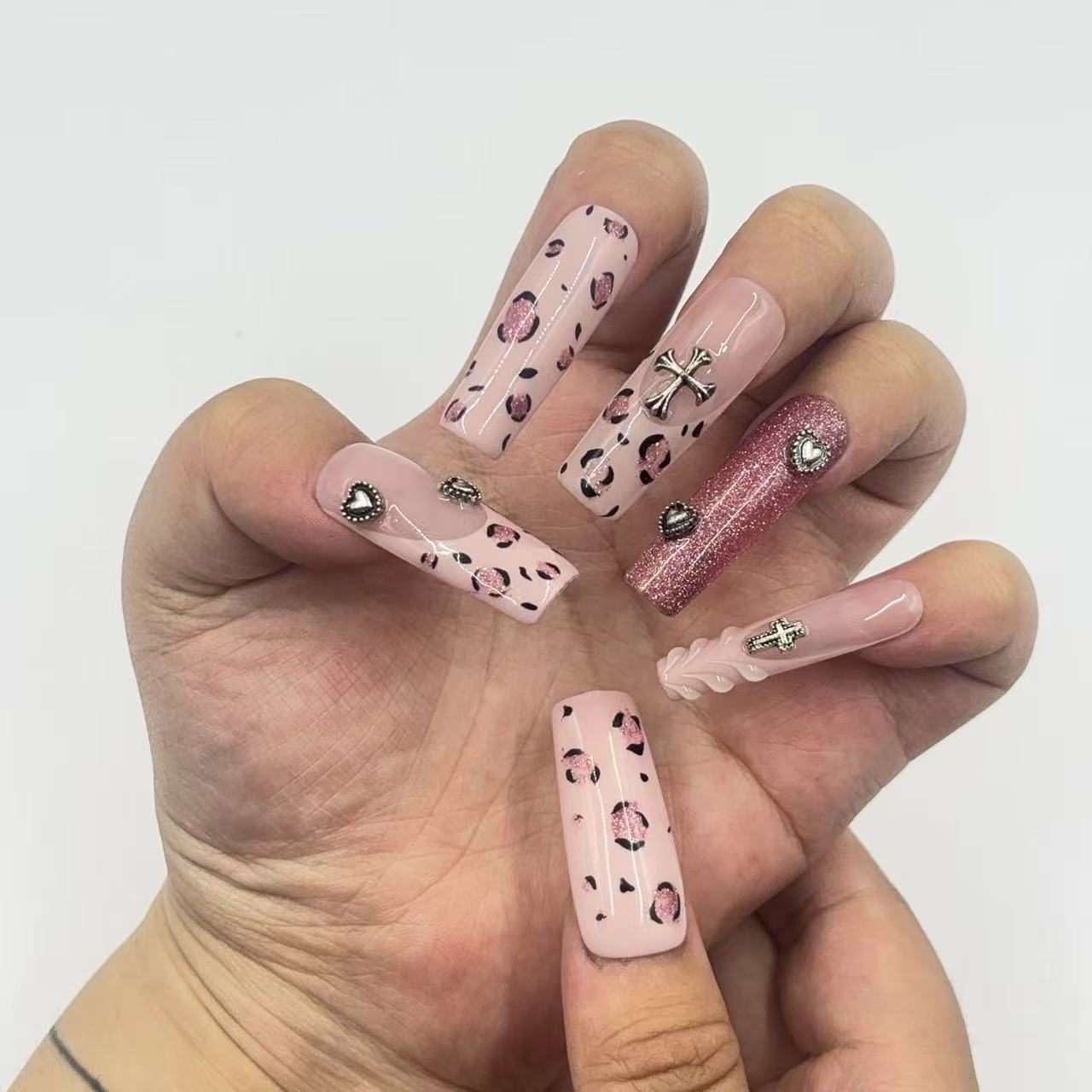 Pink Leopard Punk Handmade Nails D006
