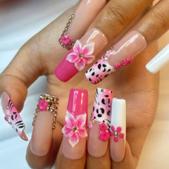 Pink Leopard Bloom Handmade Nails D024