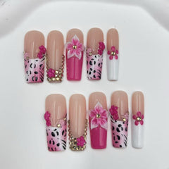 Pink Leopard Bloom Handmade Nails D024