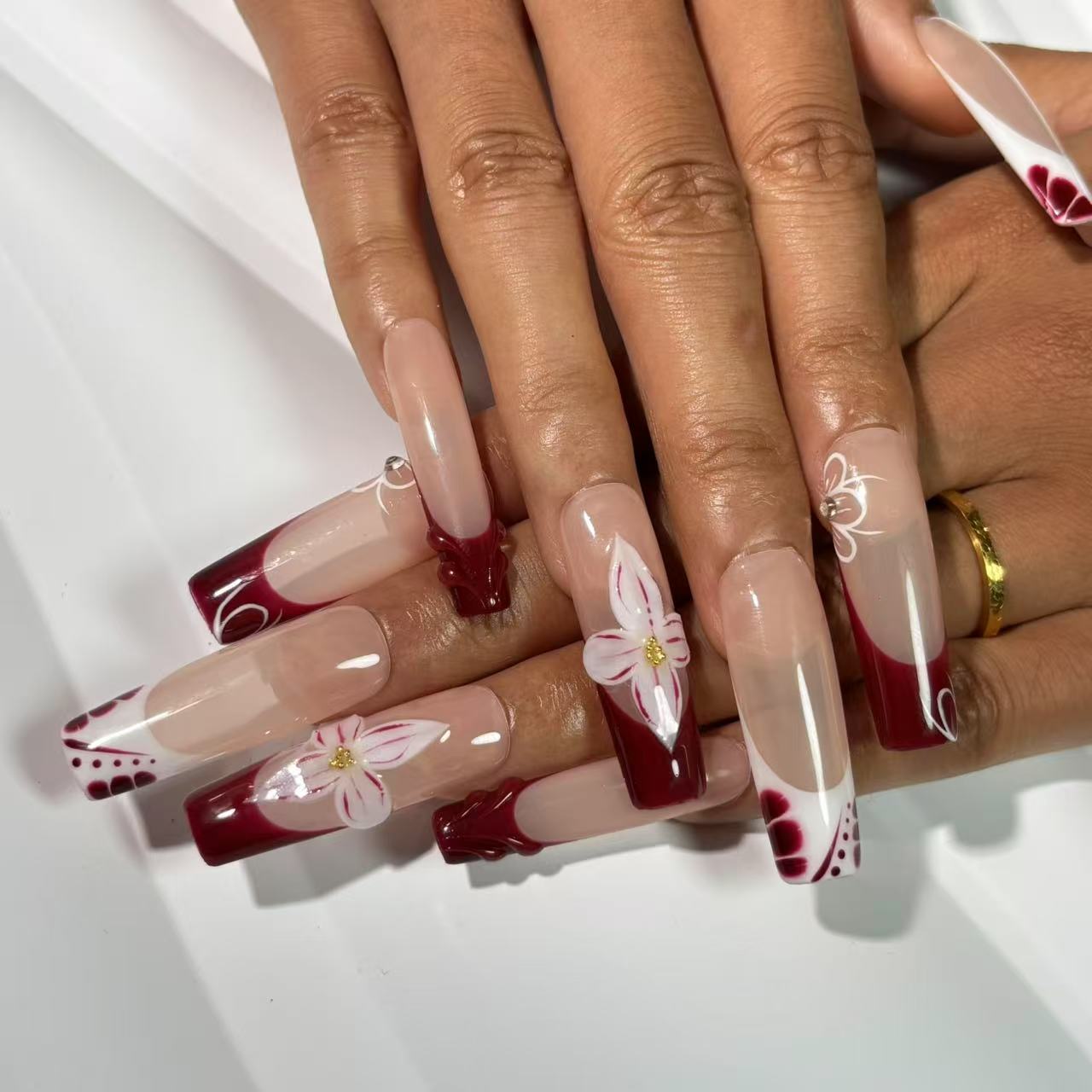 Burgundy Blossom Handmade Nails D034