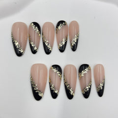 Glam Noir Gold Leaf Almond - shape Nails D027