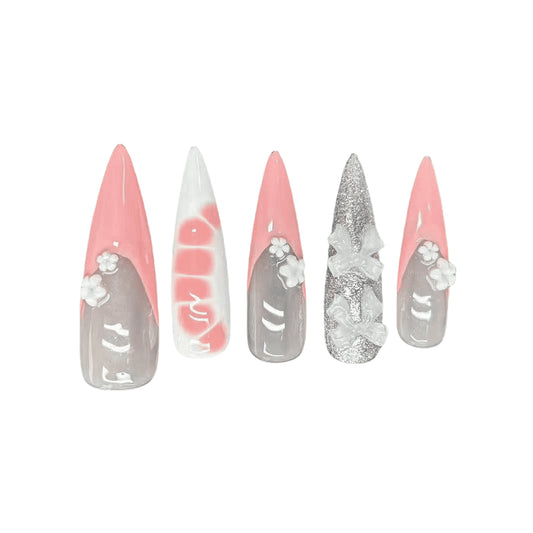 Pink - White Sweetie Handmade Nails L125